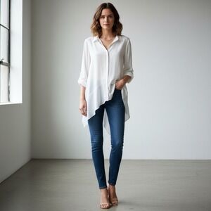 Halston Blouse Asymmetrical High Low Tunic Top Button Down M Dressy Elegant Work